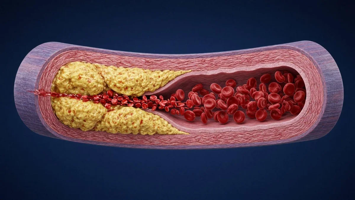 Left: an artery narrowed by hardened plaque. Right: the same artery with flow restored