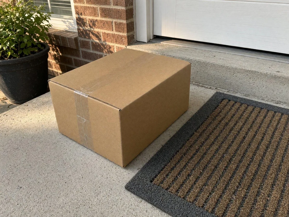 A plain cardboard box on a front doorstep